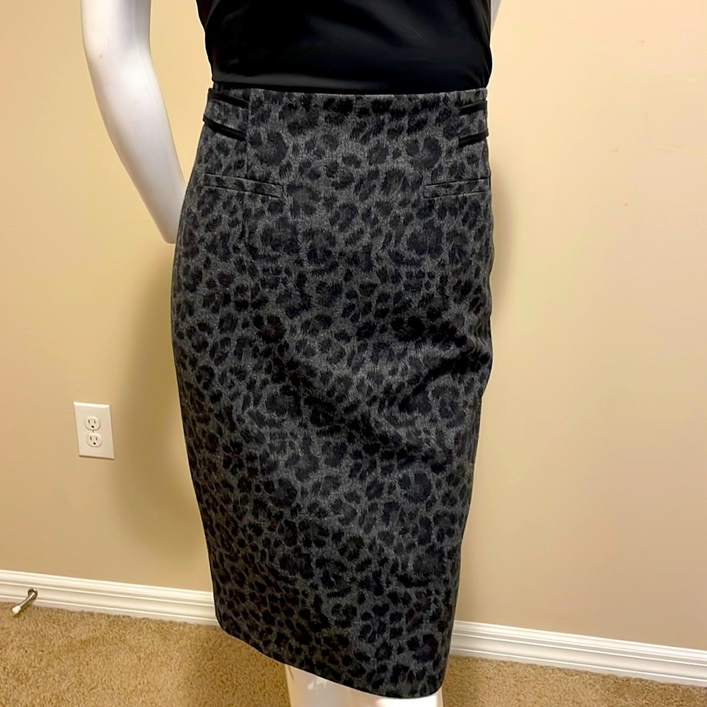Rebecca Taylor Gray Black Wool Leopard Animal Print Pencil Skirt 8 NWOT
